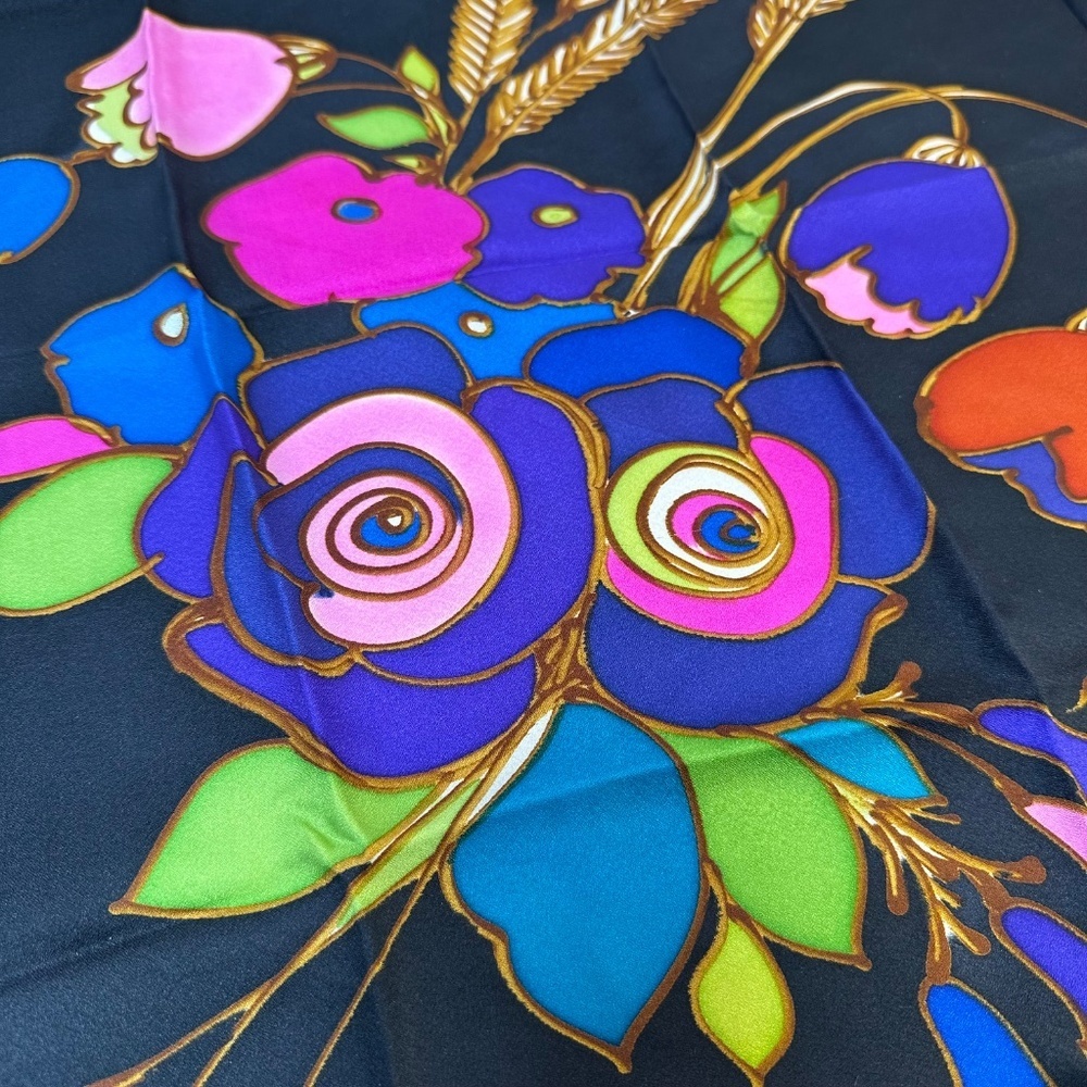 Vintage Mod Floral Square Scarf Psychedelic Flowers Blue Border Retro - Picture 4 of 6